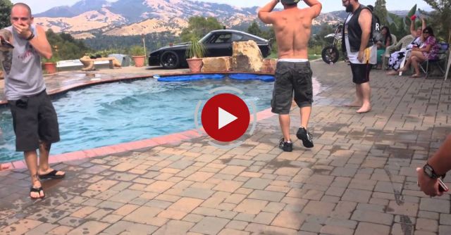 Motorcycles Crashing Into Swimming Pool During Pool Party