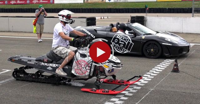 Snowmobile Races Vs. Ferrari 458 And F430 Spider In Drag Race!!