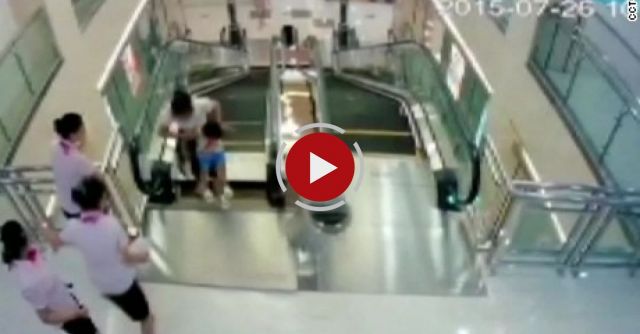 Mom Saves Son From Escalator 