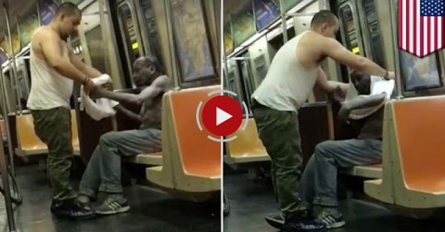 Warm-hearted Man At New York Subway Gives His T-shirt And Hat To A Homeless Man, Respect