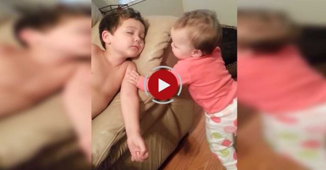 Baby Sister Tries To Wake Her Big Brother