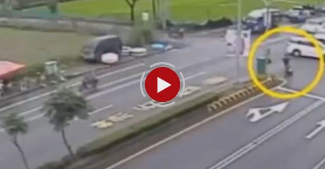 Helmet Less Scooter Rider Is Saved By Inflatable Pools