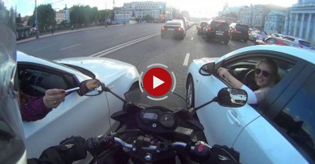 Filtering Motorcycle Gets Cut Off In Traffic