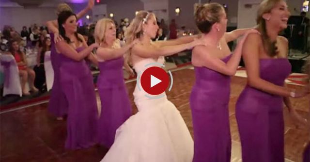 A bride and her bridesmaids surprise wedding guests in the cutest way