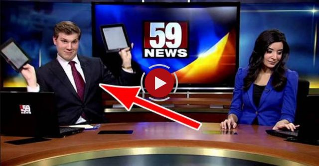 Awesome news anchor rocks out and dances during a commercial break.